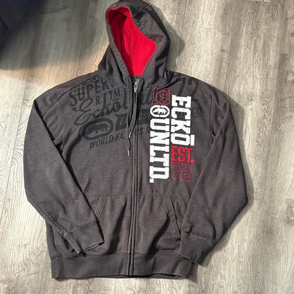 Ecko Unlimited Charcoal and Scarlet Zip-Up Hoodie - Picture 1 of 4